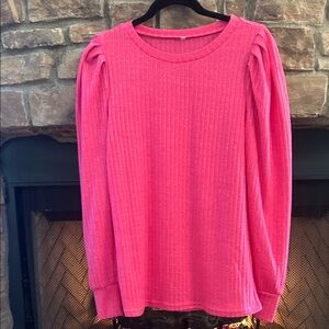 Pink Ribbed Women's Top With Pleated, Slightly Puffy Sleeves